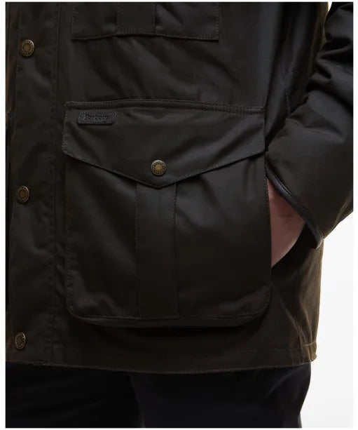 Barbour Westward wax jacket in dark olive with snap pockets and brass buttons