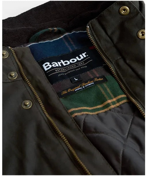 Barbour Westward wax jacket - Olive lining detail with Barbour label, plaid interior, and front zipper