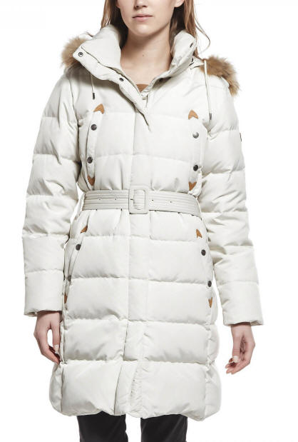 Women's ivory duck down puffer jacket with fur-trim hood, button front, and waist belt.