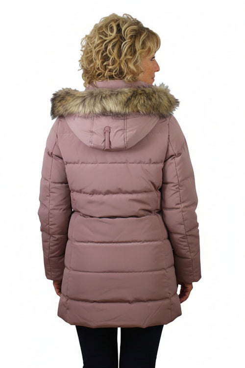 Women’s woodrose duck-down jacket with faux-fur trimmed hood, quilted back, full zip