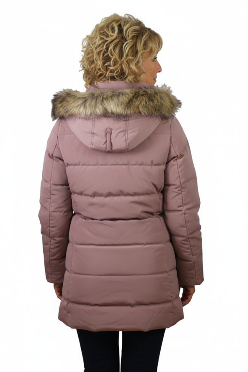 Women’s woodrose duck-down jacket with faux-fur trimmed hood, quilted back, full zip