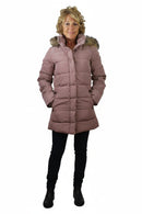 Women’s duck down jacket in mauve with hood and faux-fur trim, long sleeves
