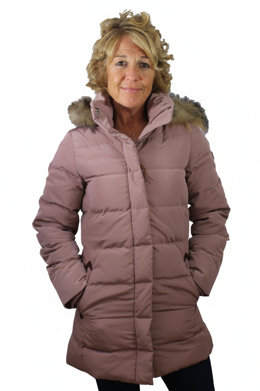 Women’s woodrose duck-down jacket with faux-fur trimmed hood, full zip, side pockets