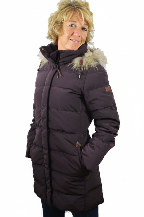 Aigle ladies duck down jacket in dark plum, fur-trim hood, front zipper and pockets