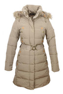 Aigle women's duck down puffer coat, faux fur hood trim, front zip, cinched waist belt