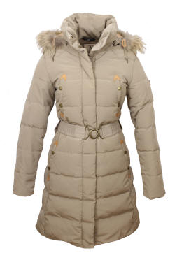 Aigle women's duck down puffer coat, faux fur hood trim, front zip, cinched waist belt