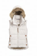 Ivory quilted ladies’ gilet with faux-fur hood, front zip, and drawstring side pockets
