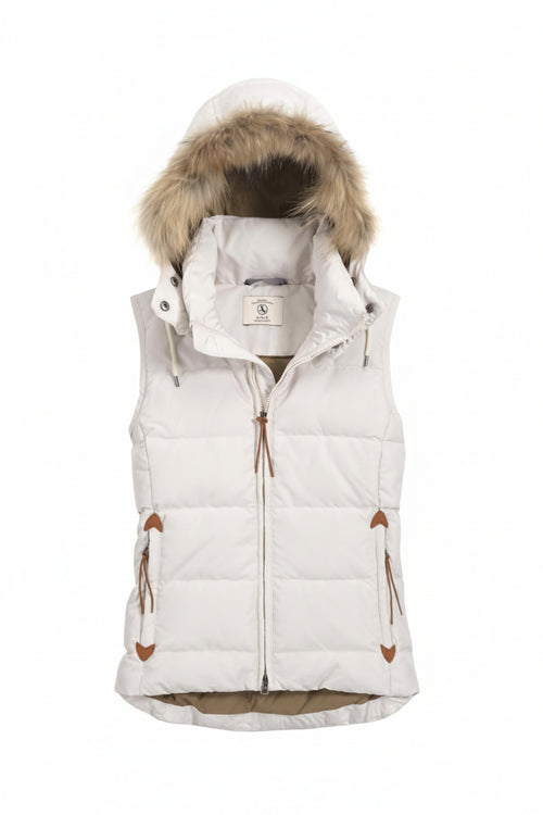 Ivory quilted ladies’ gilet with faux-fur hood, front zip, and drawstring side pockets