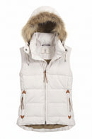 Ivory padded gilet with faux-fur trimmed hood, full front zip, and tassel drawcords