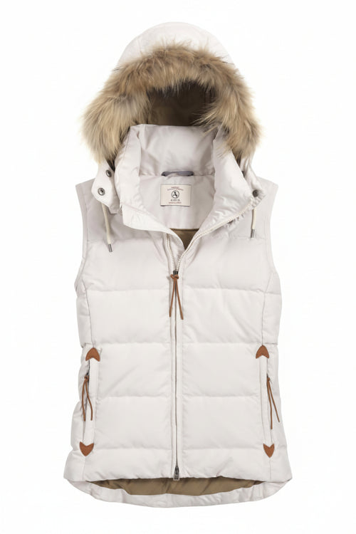 Ivory padded gilet with faux-fur trimmed hood, full front zip, and tassel drawcords