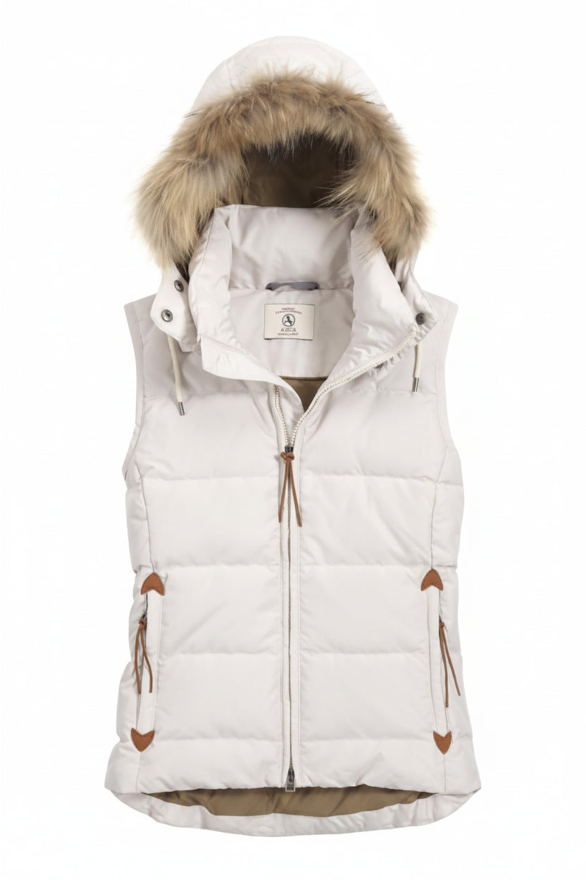 Ivory padded gilet with faux-fur trimmed hood, full front zip, and tassel drawcords