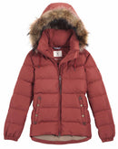 Ladies puffer jacket with fur-trim hood, front zip, long sleeves