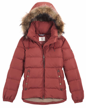Ladies puffer jacket with fur-trim hood, front zip, long sleeves