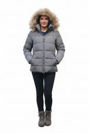 Ladies grey puffer jacket with large fur trimmed hood and full front zip