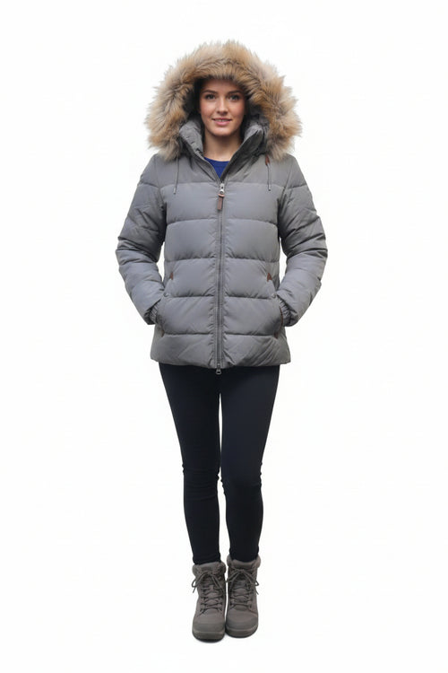 Ladies grey puffer jacket with large fur trimmed hood and full front zip
