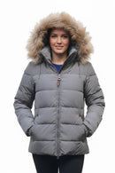 Grey quilted ladies jacket with fur-trim hood, zip front, and side pockets