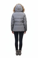 Back view of grey quilted jacket with fur-trim hood and fitted sleeves