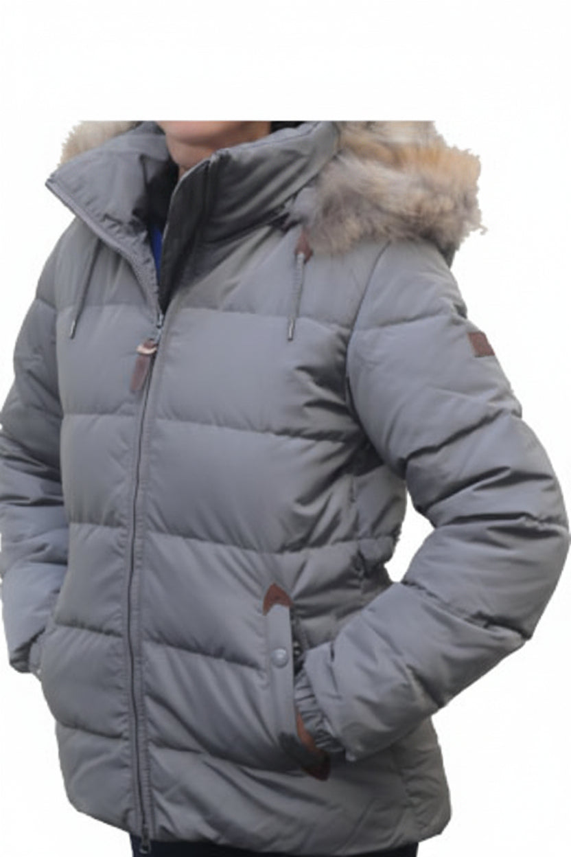 Ladies grey puffer jacket with faux fur hood, front zip and side pockets