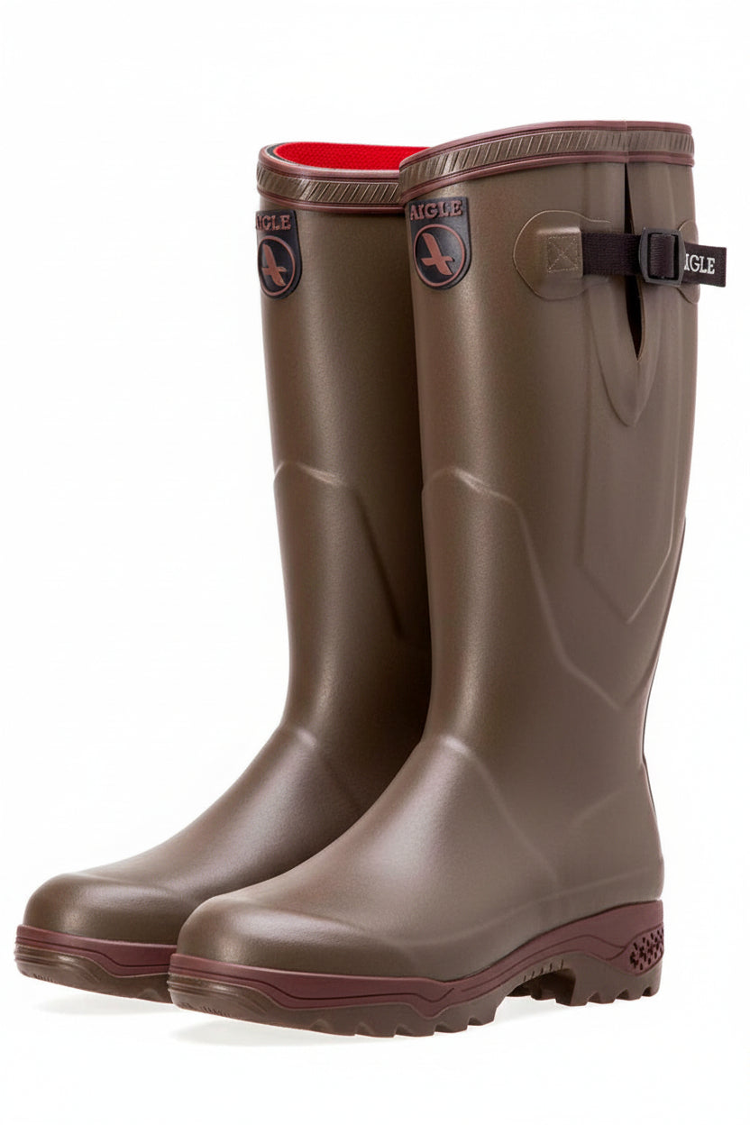 Aigle Parcour Iso 2 khaki rubber wellington boot with side logo and buckle strap