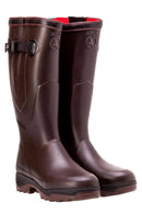 Aigle Parcour Iso 2 dark brown rubber wellington boots, pair with buckle straps and tread