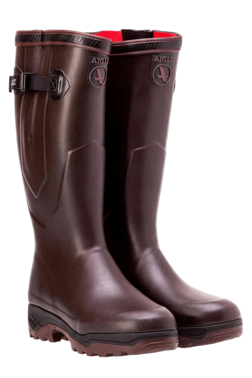 Aigle Parcour Iso 2 dark brown rubber wellington boots, pair with buckle straps and tread