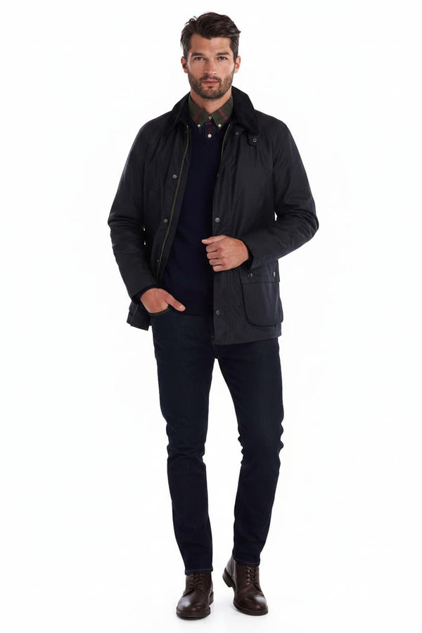 Men's navy wax jacket with stand collar, button front, and flap pockets