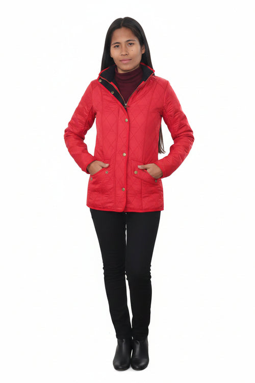 Barbour ladies red quilted hooded jacket with zip front and snap pocket details