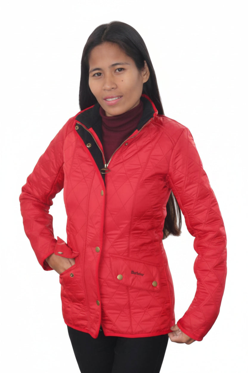 Barbour ladies red quilted hooded jacket with full zip and snap pockets