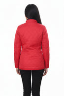 Barbour ladies red quilted hooded jacket, back view with diamond pattern