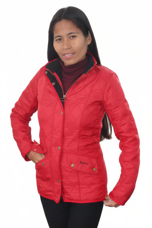Barbour ladies red quilted hooded jacket with zip front and diamond stitching detail