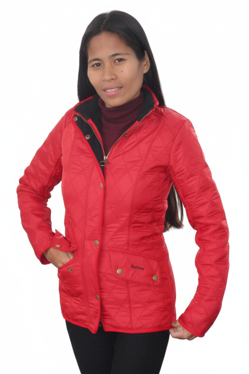 Barbour ladies red quilted hooded jacket with zip front and diamond stitching detail