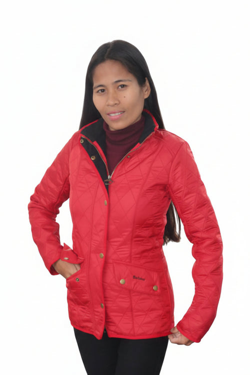 Barbour ladies red quilted hooded jacket, front view with zip and button pockets