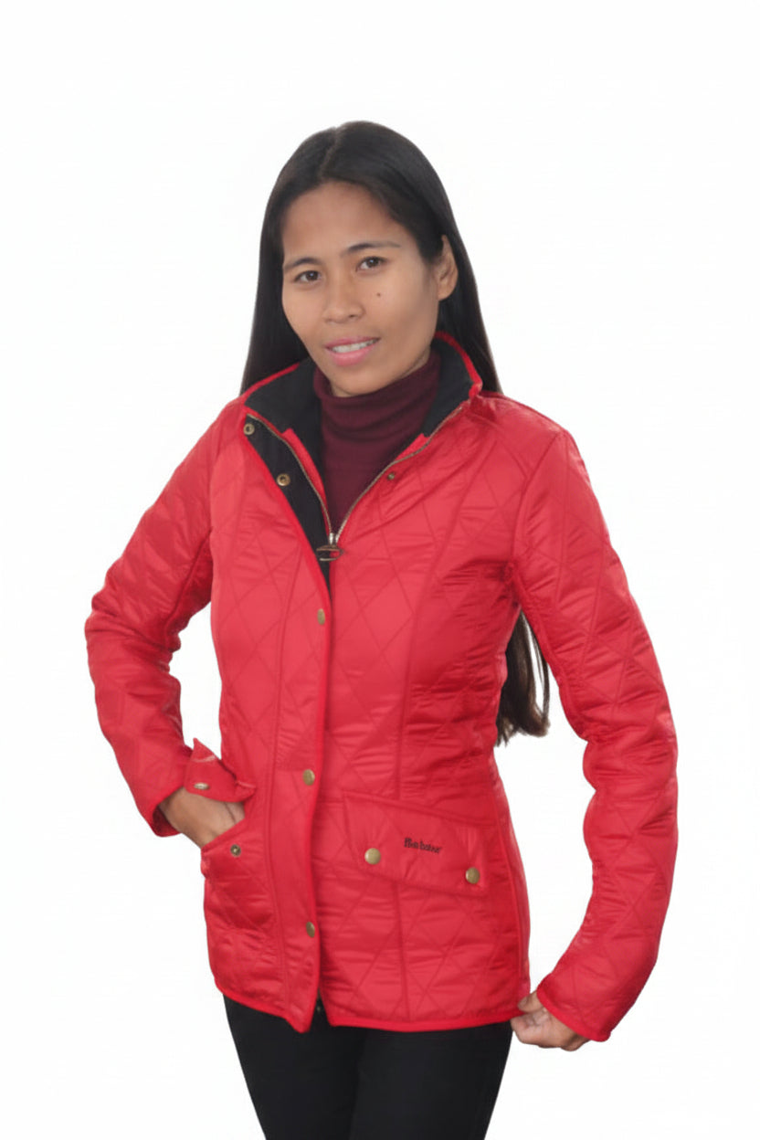 Barbour ladies red quilted hooded jacket, front view with zip and button pockets