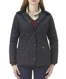Women's black quilted jacket with diamond pattern, button front, and stand collar