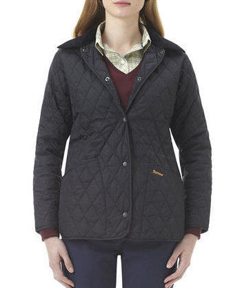 Women's black quilted jacket with diamond pattern, button front, and stand collar
