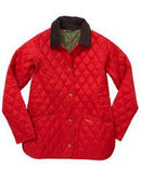 Red quilted jacket with dark collar, zip front, diamond pattern and side pockets.