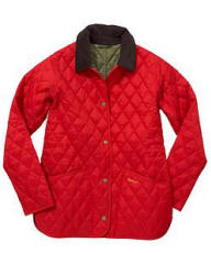 Red quilted jacket with dark collar, zip front, diamond pattern and side pockets.