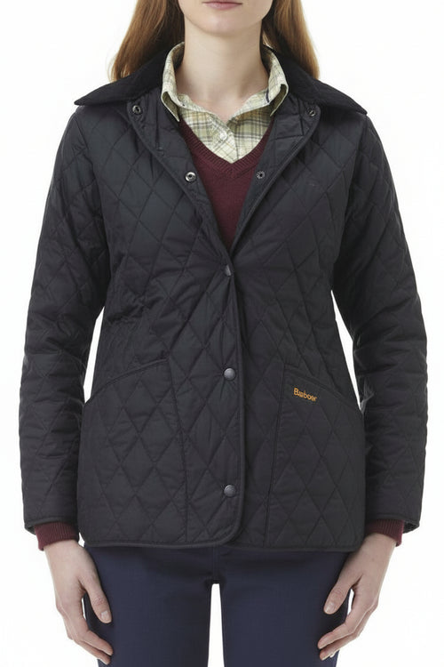 Women's navy quilted jacket with stand collar, button front and diamond stitching