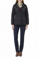 Women's navy quilted jacket with stand collar, button front, chest logo and side pockets