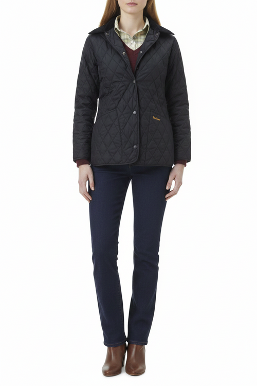 Women's navy quilted jacket with stand collar, button front, chest logo and side pockets