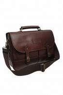 Barbour leather briefcase in dark brown with front flap and buckled straps, shoulder carry