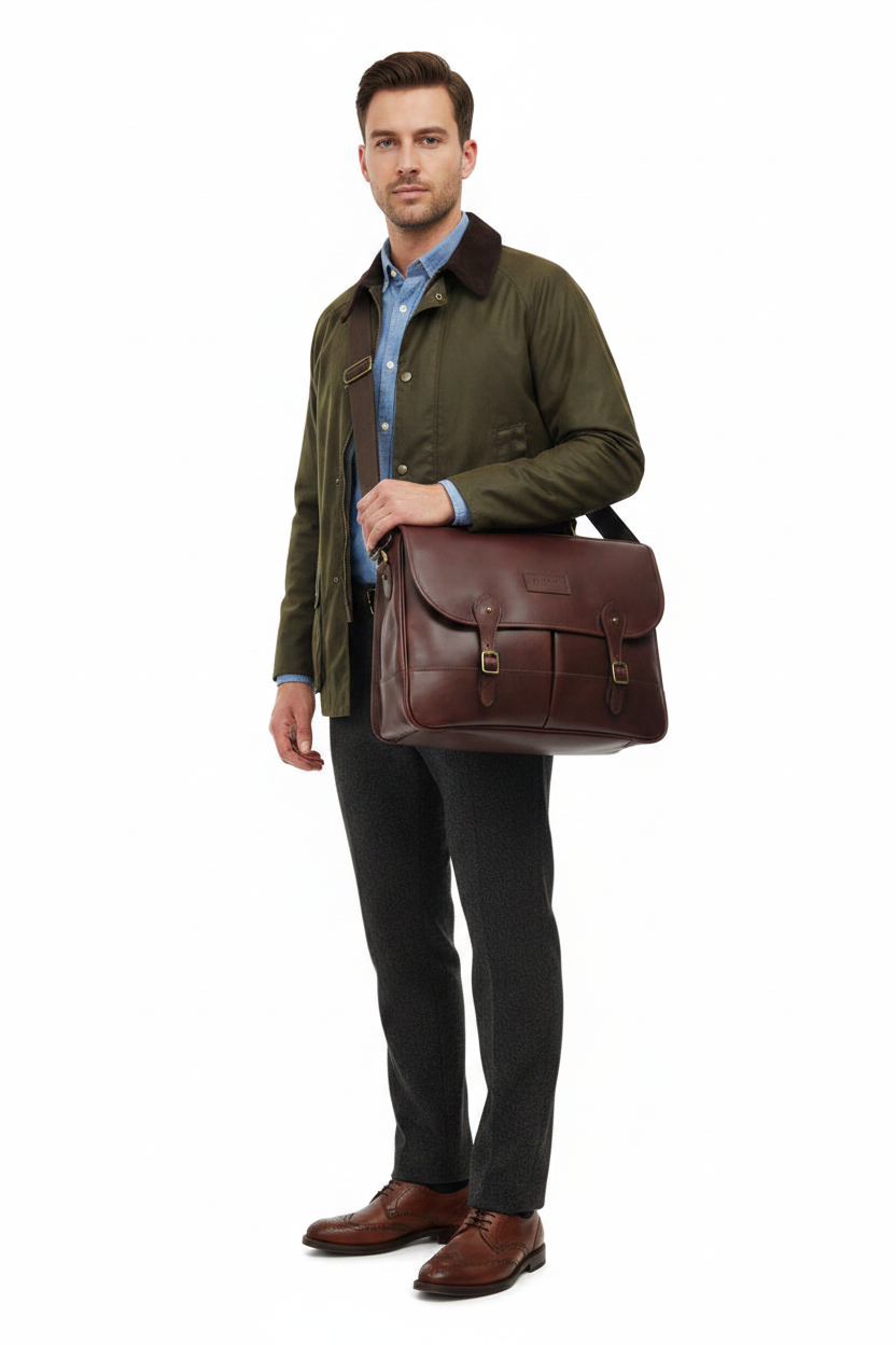 Barbour leather briefcase worn on model, dark brown front flap and crossbody strap