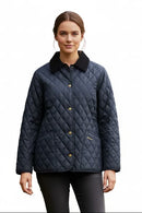 Barbour ladies navy quilted jacket with button front and black collar