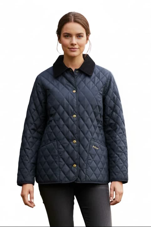 Barbour ladies navy quilted jacket with button front and black collar