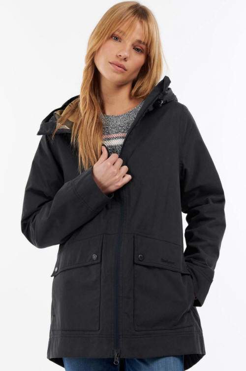 Navy waterproof jacket with hood, flap chest pockets, and front zip