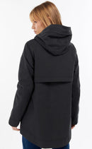 Navy hooded waterproof jacket with buttoned front and curved back hem