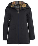 Navy waterproof jacket with hood, front zip, and plaid-lined interior