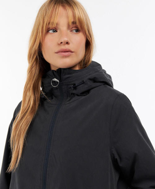 Navy hooded waterproof jacket with front zip, stand collar, and snap trim