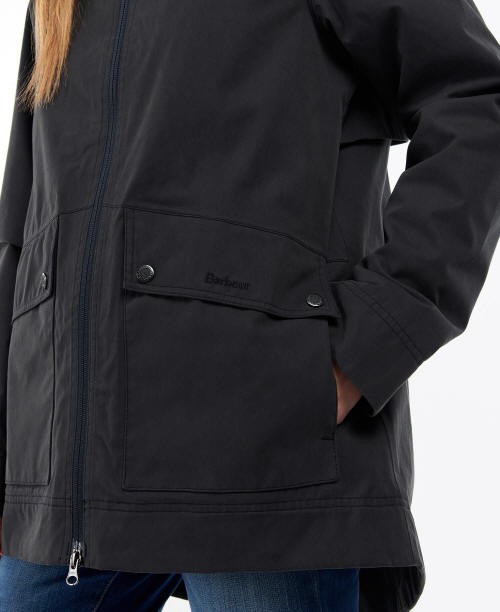 Navy waterproof jacket with flap front pocket and adjustable sleeve cuff