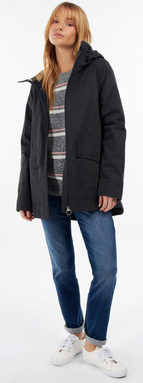 Navy waterproof parka jacket with attached hood and front zip placket